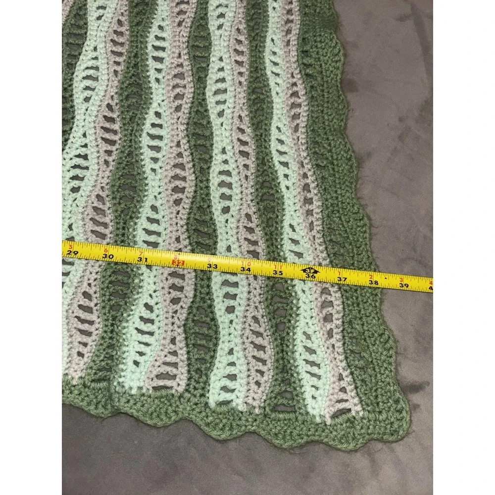 Vintage Afghan Baby Throw Crochet Stripes Green Lavender Wavy Scalloped Trim